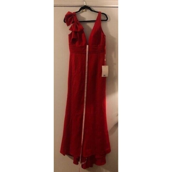 NWT $298 MAC DUGGAL RED V NECK BOW SHOULDER MERMAID GOWN STYLE 49454 SIZE 8 - Picture 6 of 8